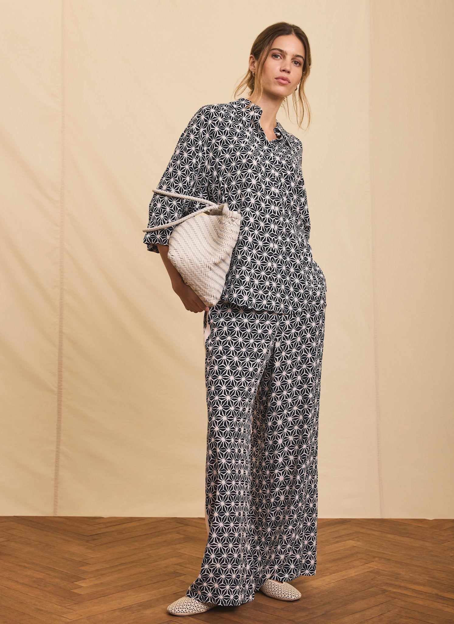 Navy Geometric Print Wide Trousers