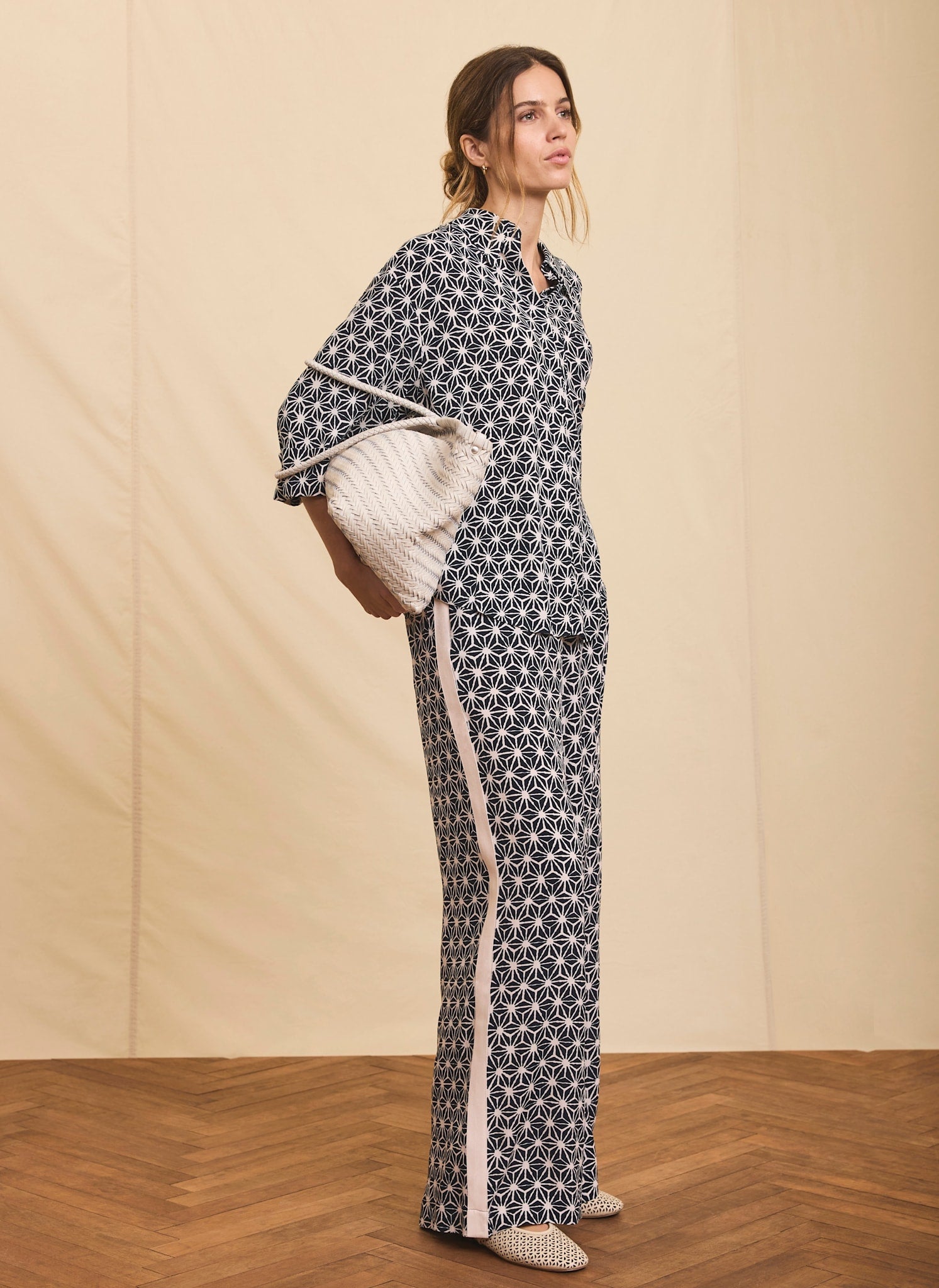 Navy Geometric Print Wide Trousers