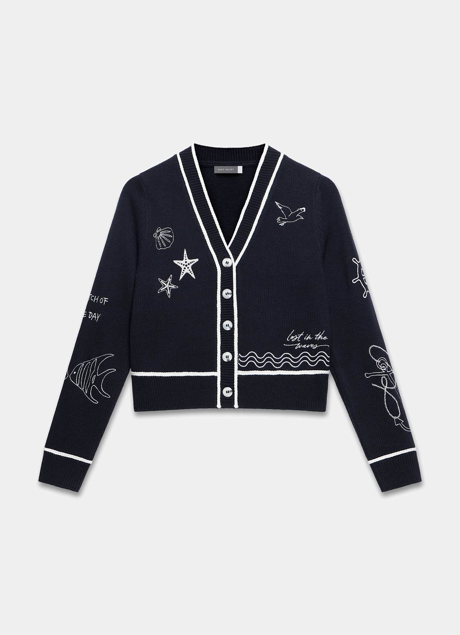 Navy Embroidered Marine Knit Cardigan