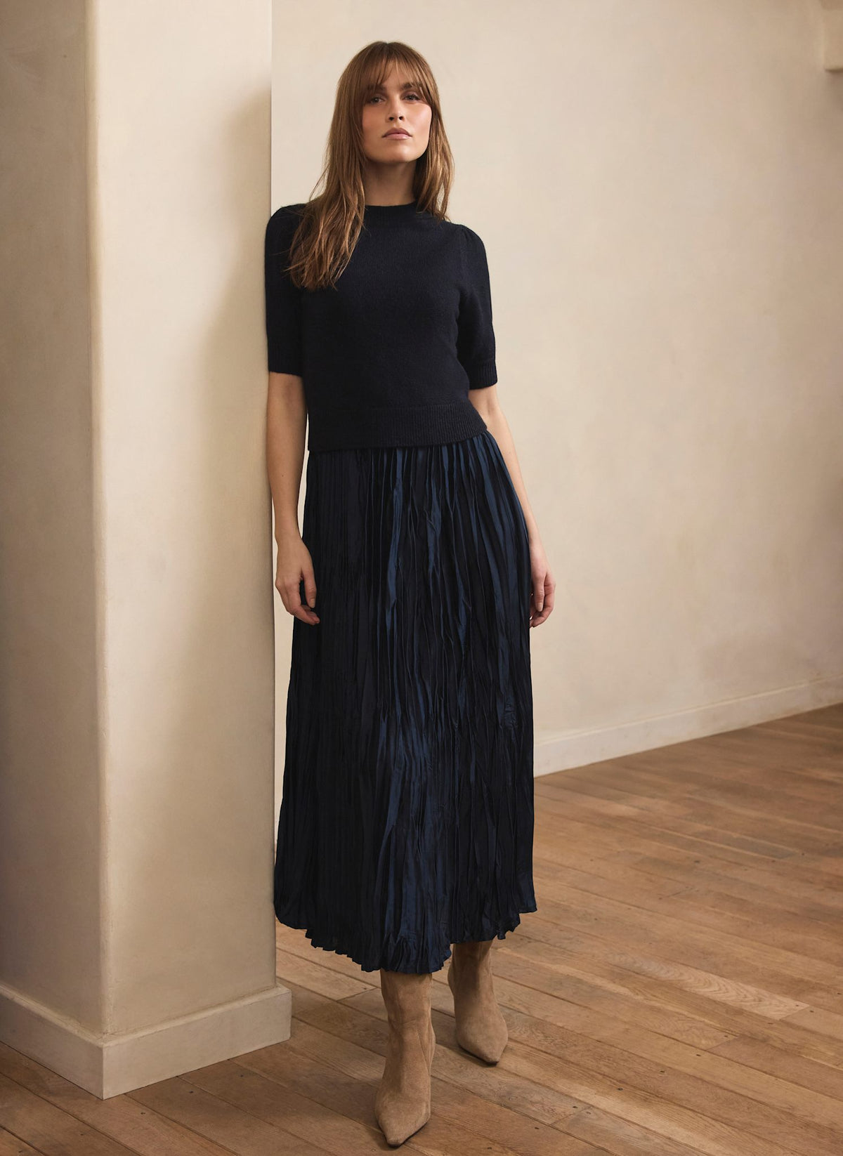 Navy Knit Puff Sleeve Maxi Dress