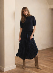 Navy Knit Puff Sleeve Maxi Dress