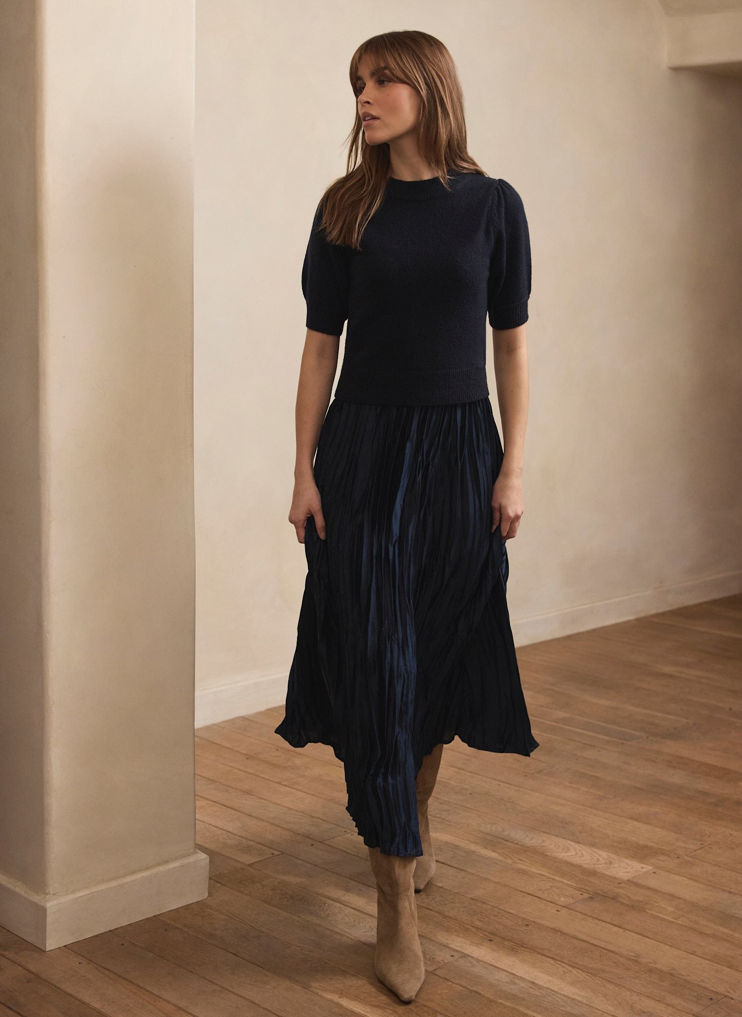 Navy Knit Puff Sleeve Maxi Dress
