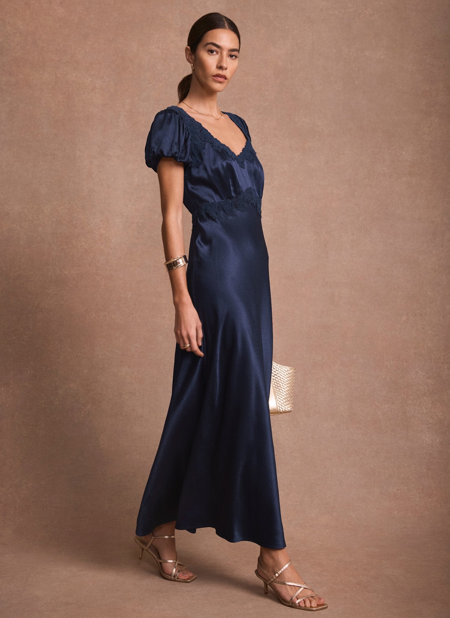 Navy Lace Detail Satin Midi Dress