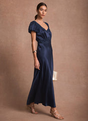 Navy Lace Detail Satin Midi Dress