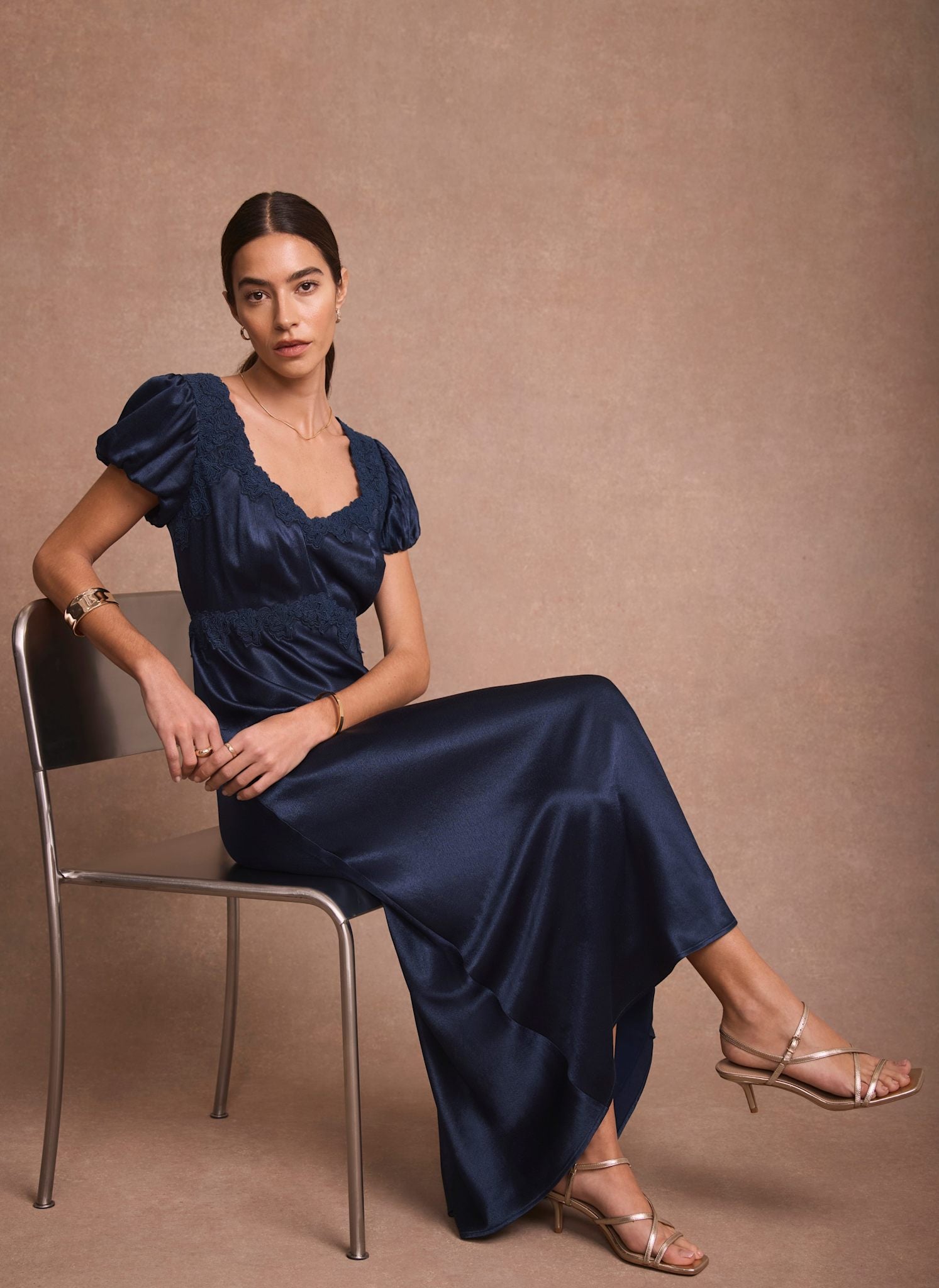 Navy Lace Detail Satin Midi Dress