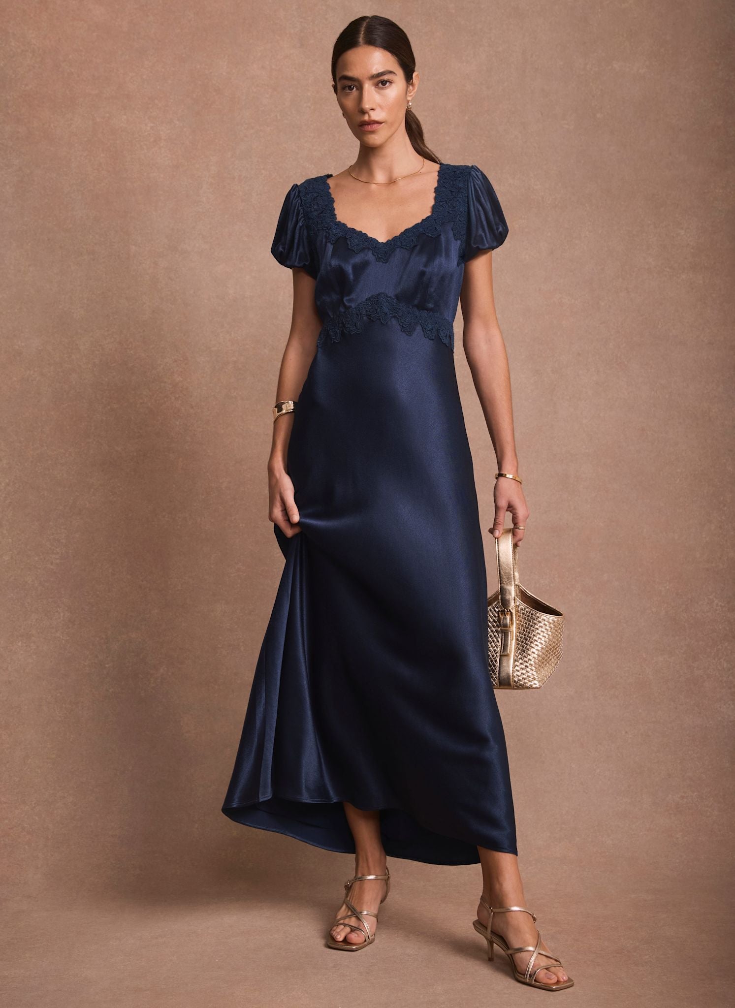 Navy Lace Detail Satin Midi Dress