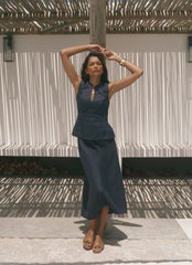 Navy Linen Midi Skirt