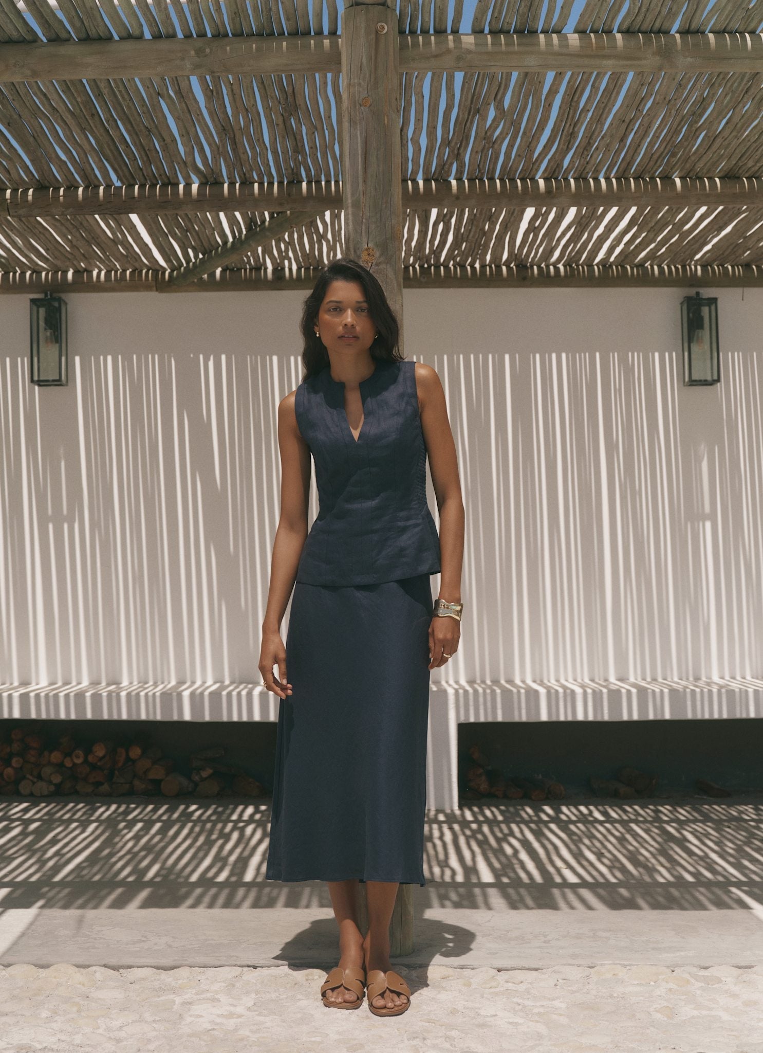 Navy Linen Midi Skirt