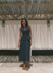 Navy Linen Midi Skirt