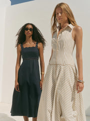 Navy Linen Scallop Trim Midi Dress