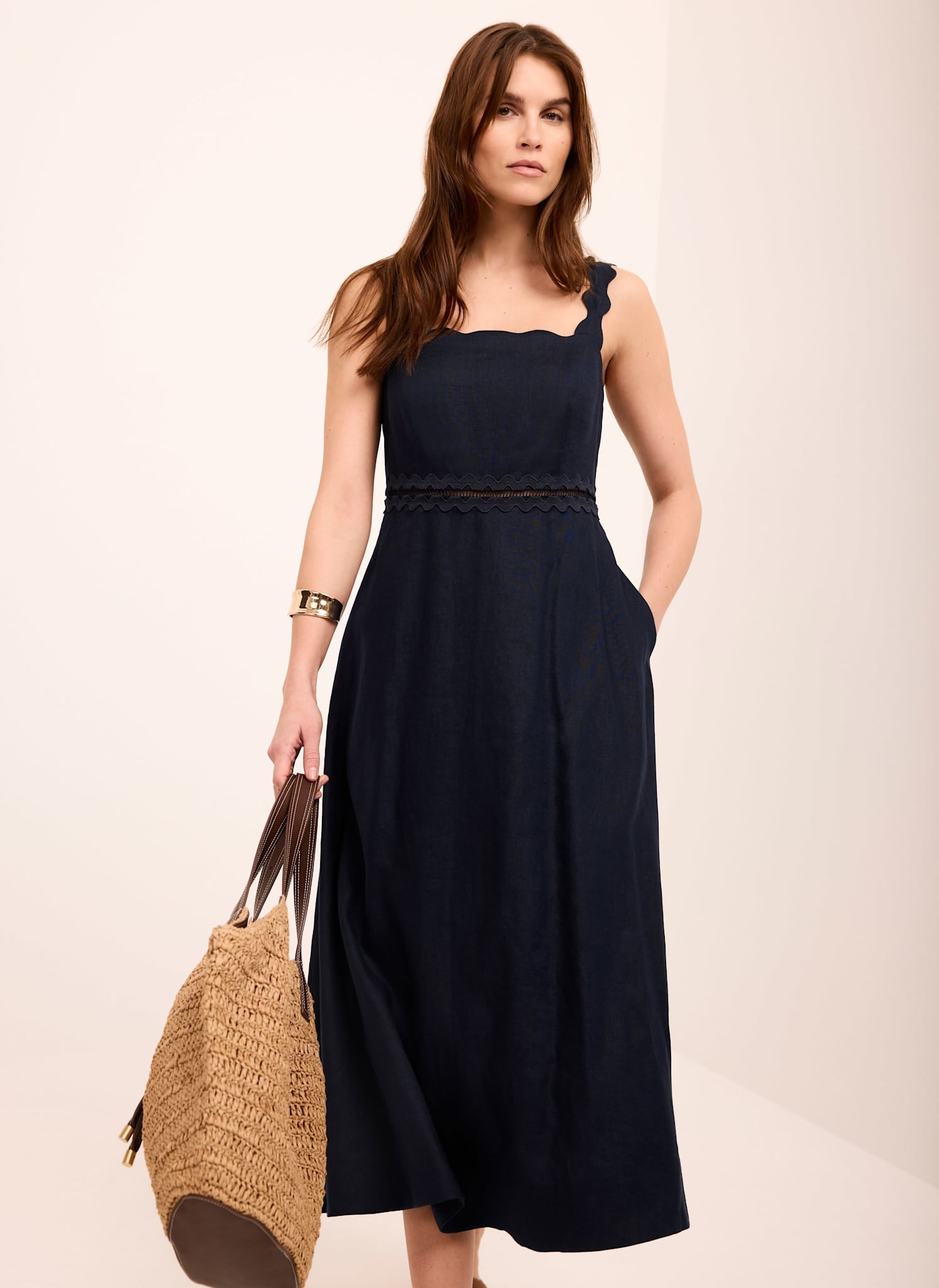 Navy Linen Scallop Trim Midi Dress