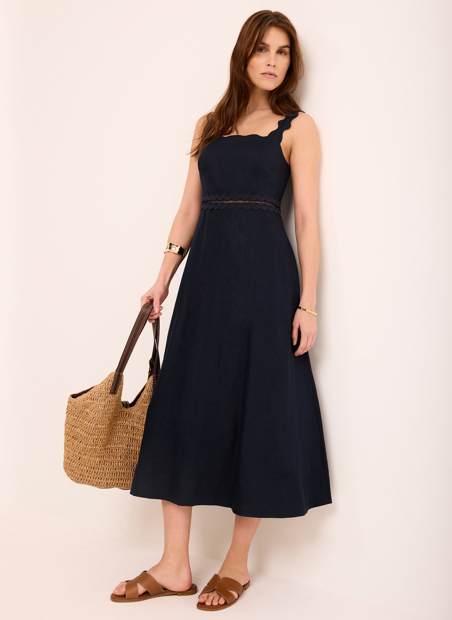 Navy Linen Scallop Trim Midi Dress