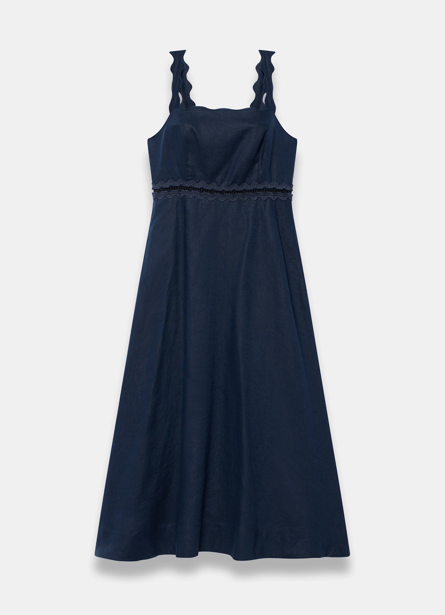 Navy Linen Scallop Trim Midi Dress
