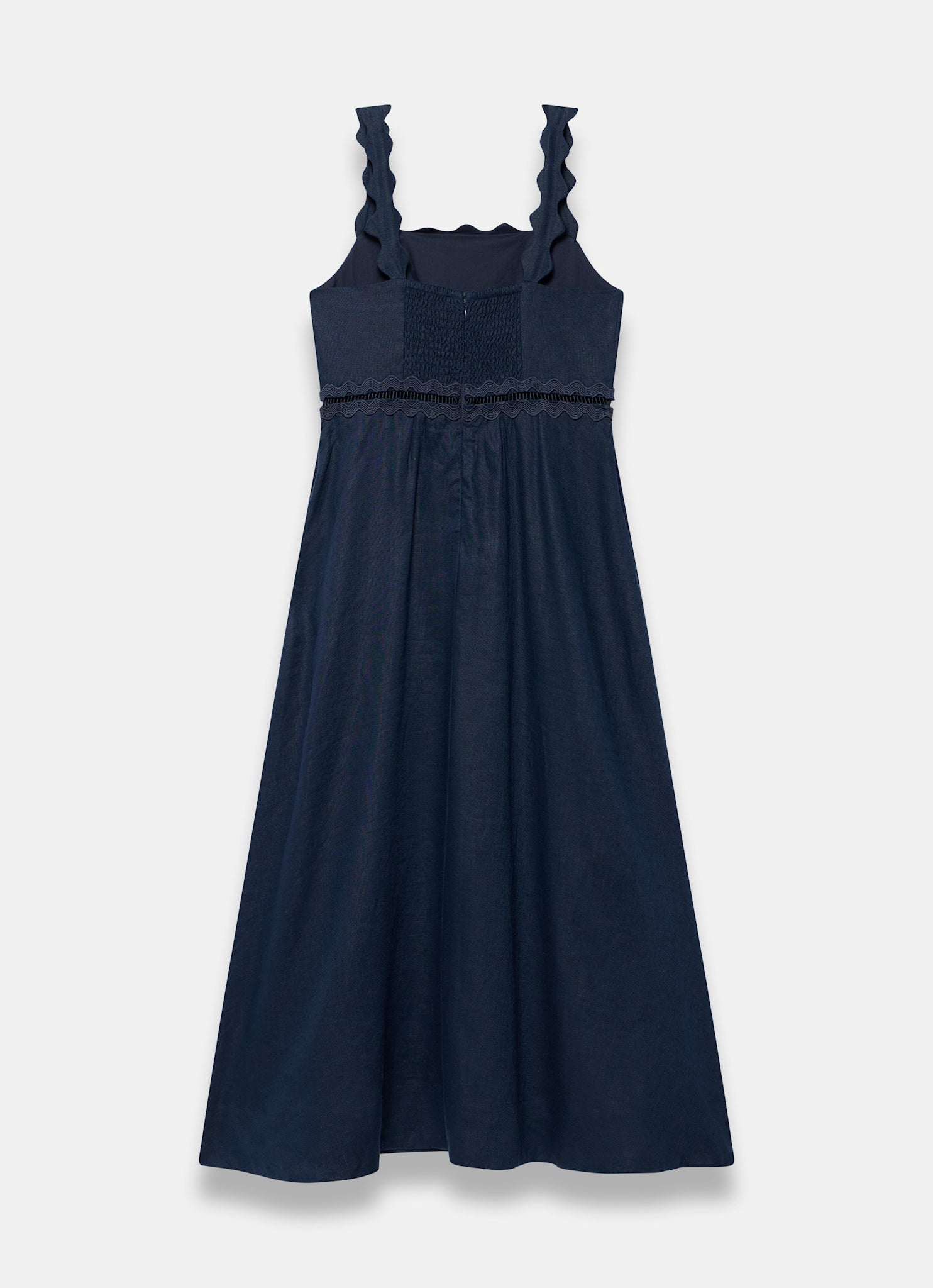 Navy Linen Scallop Trim Midi Dress