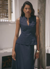Navy Linen Shirred Top