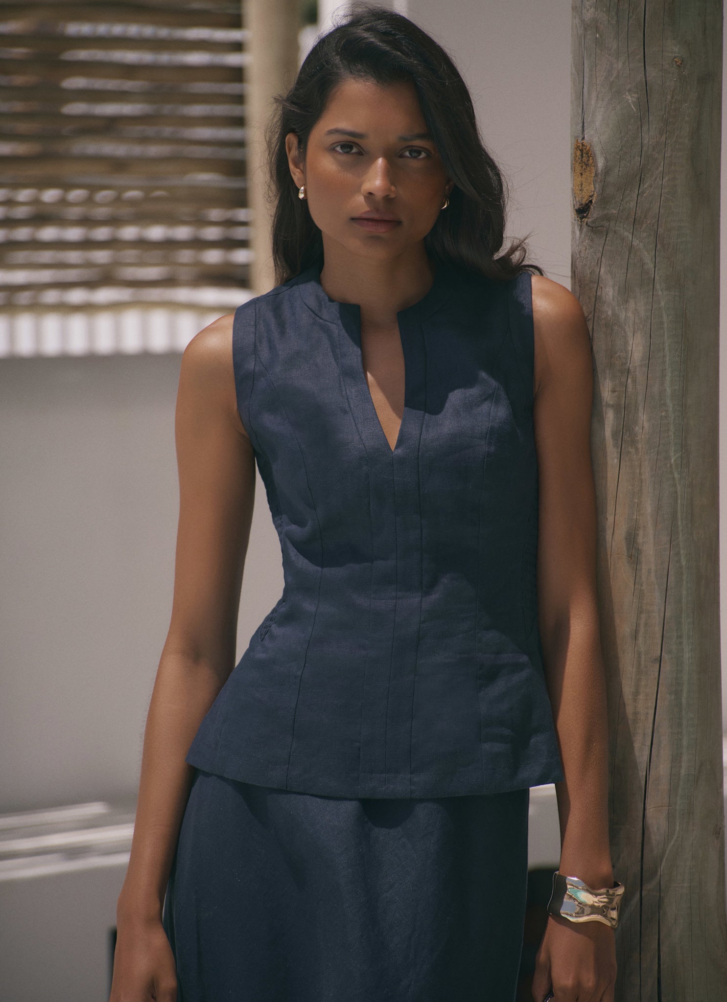 Navy Linen Shirred Top