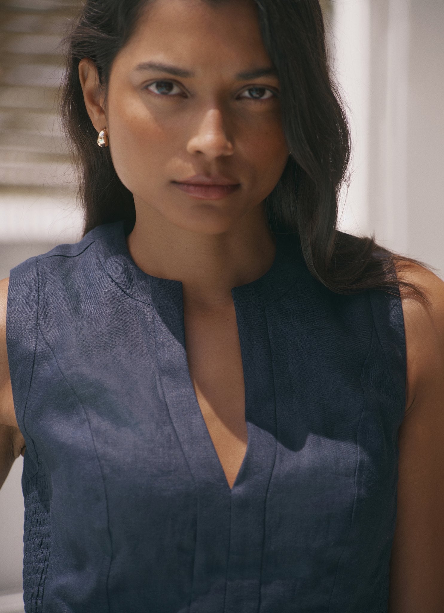 Navy Linen Shirred Top