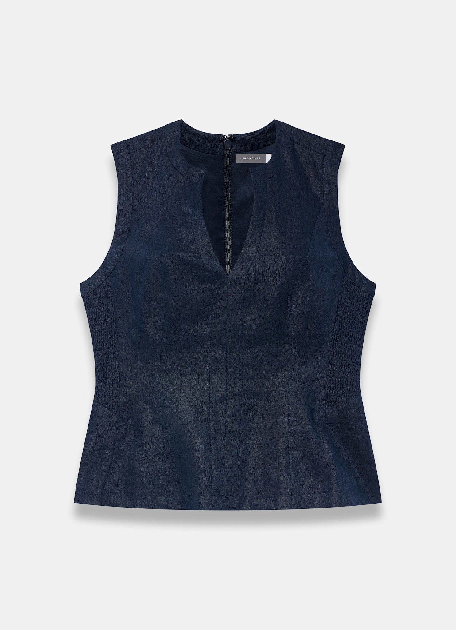 Navy Linen Shirred Top