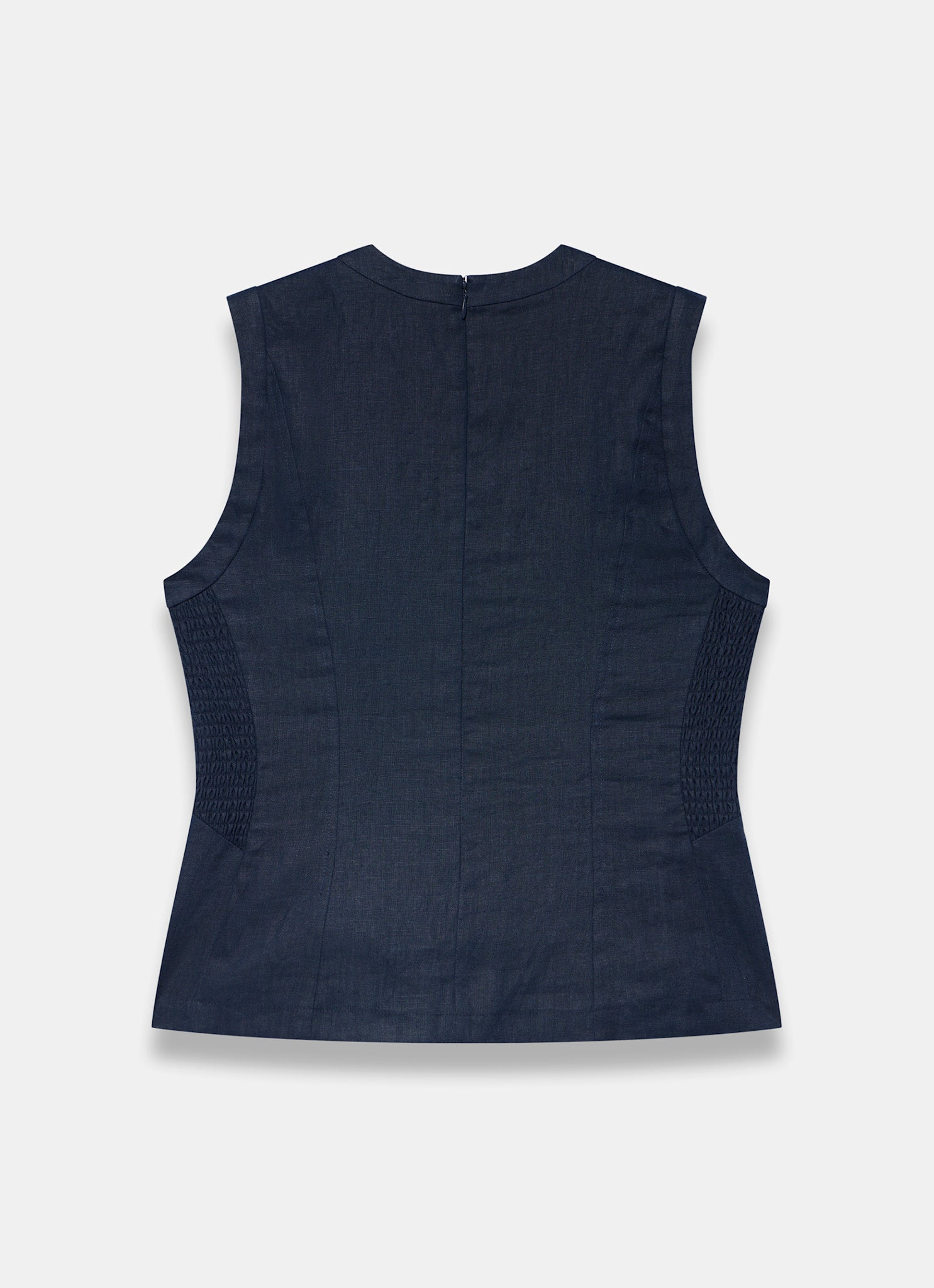 Navy Linen Shirred Top