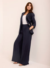 Navy Ramie Wide Leg Trousers