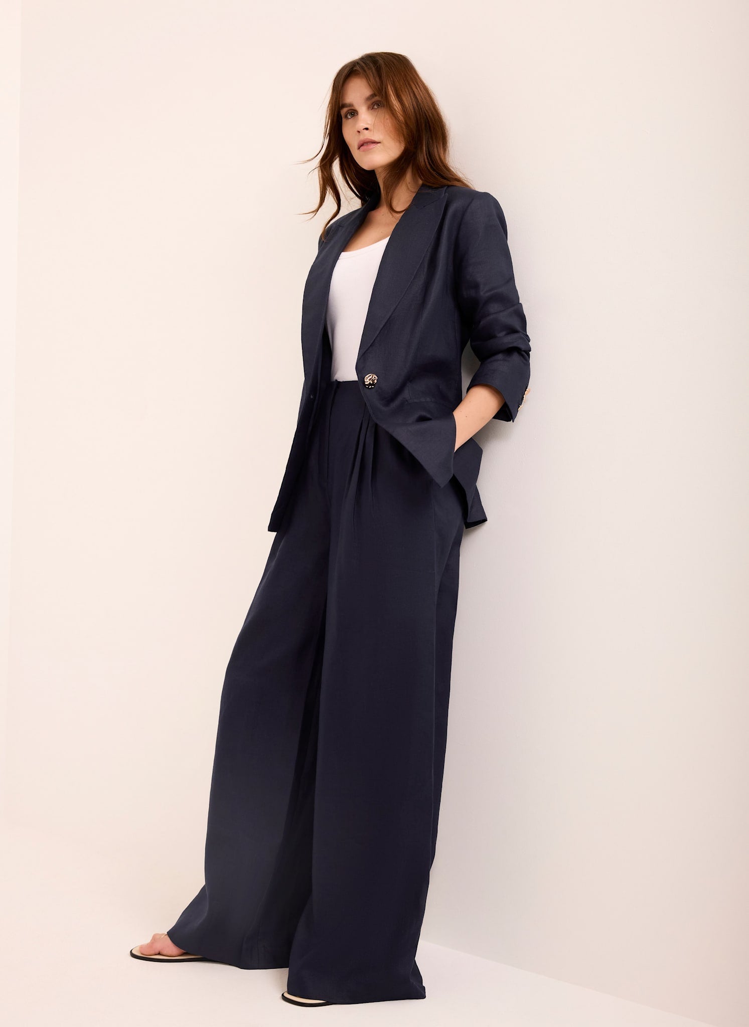 Navy Ramie Wide Leg Trousers