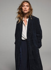 Navy Suede Longline Trench Coat
