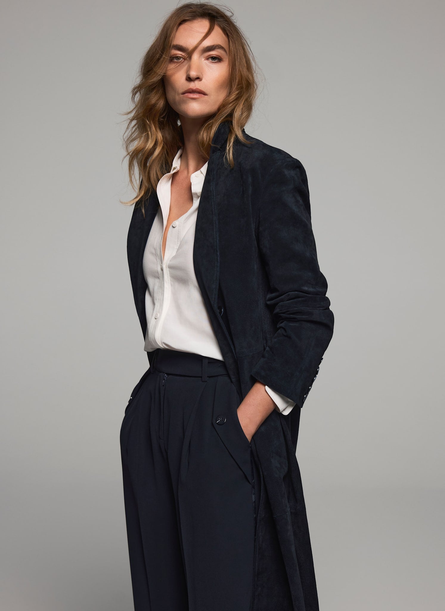 Navy Suede Longline Trench Coat