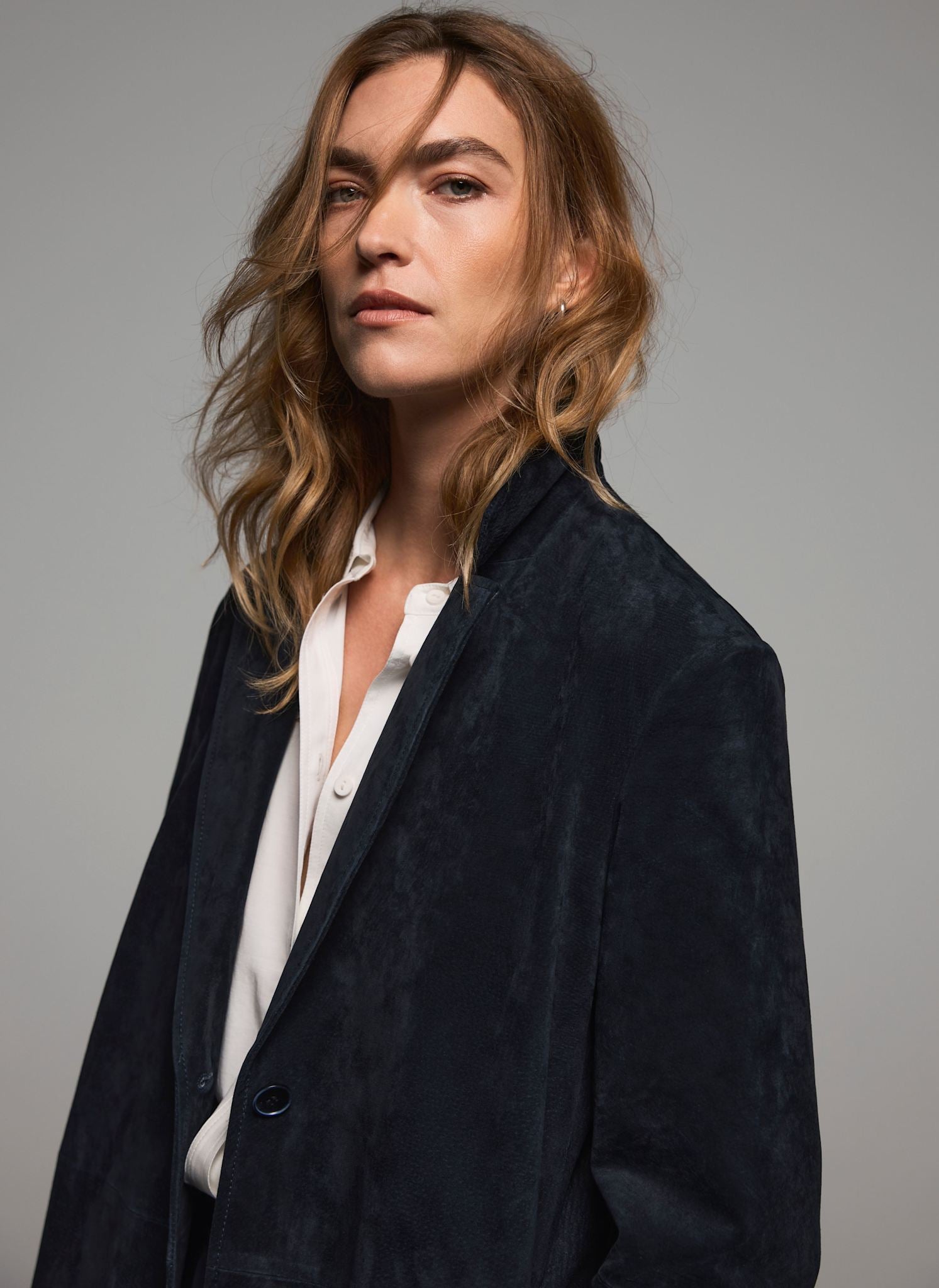 Navy Suede Longline Trench Coat