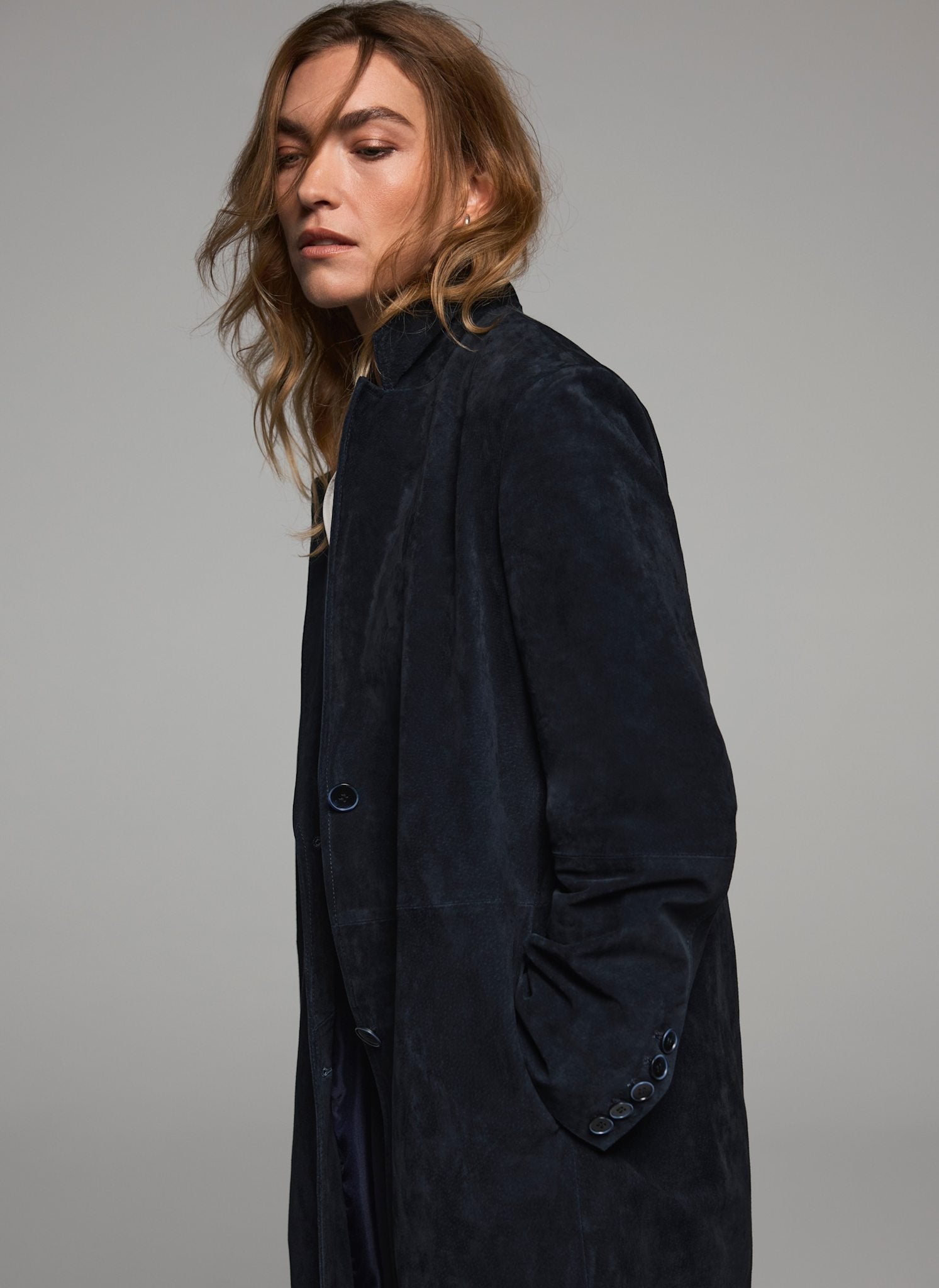 Navy Suede Longline Trench Coat