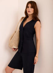 Navy Ramie Longline Waistcoat
