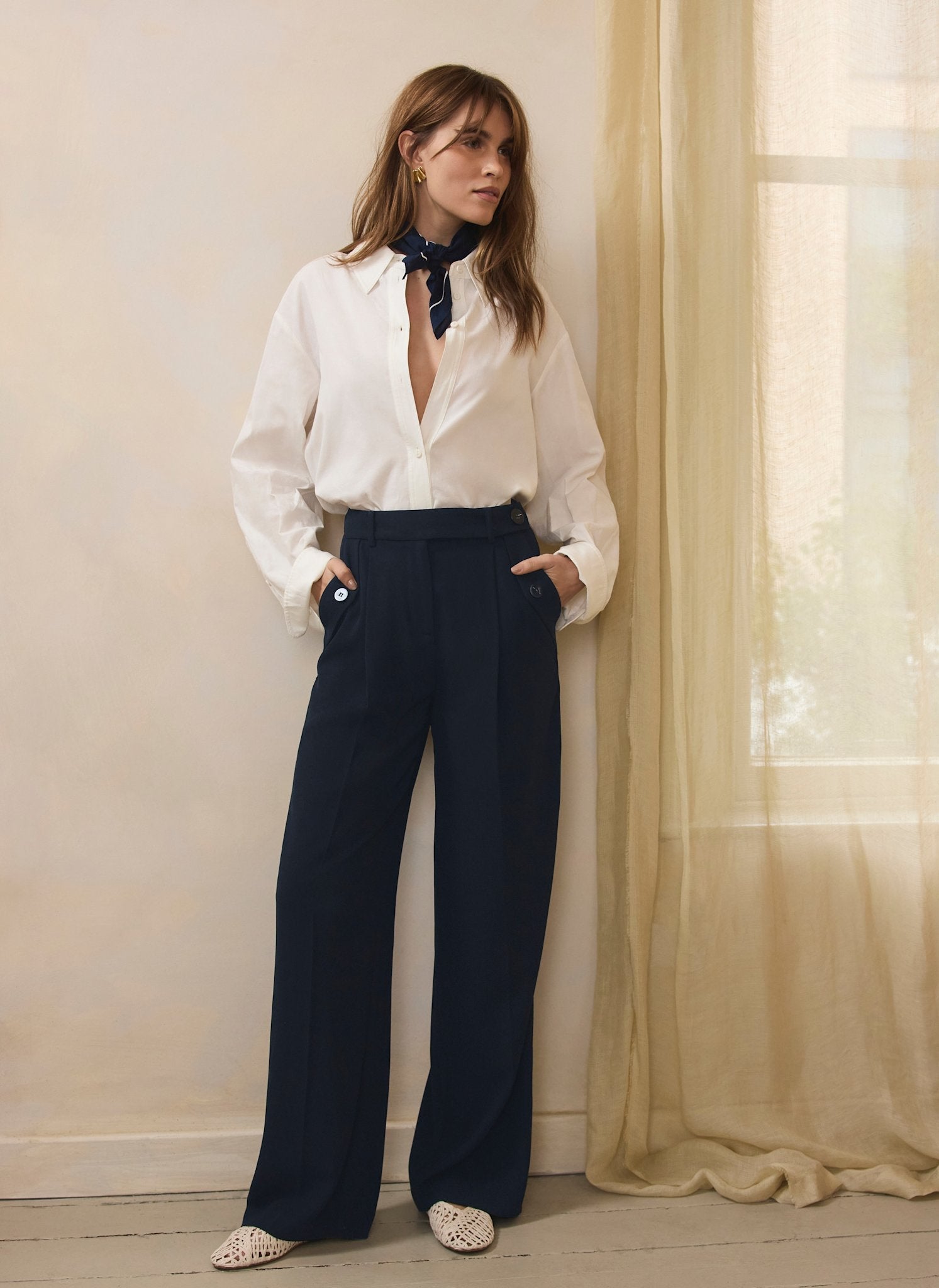 Navy Tailored Wide Trousers