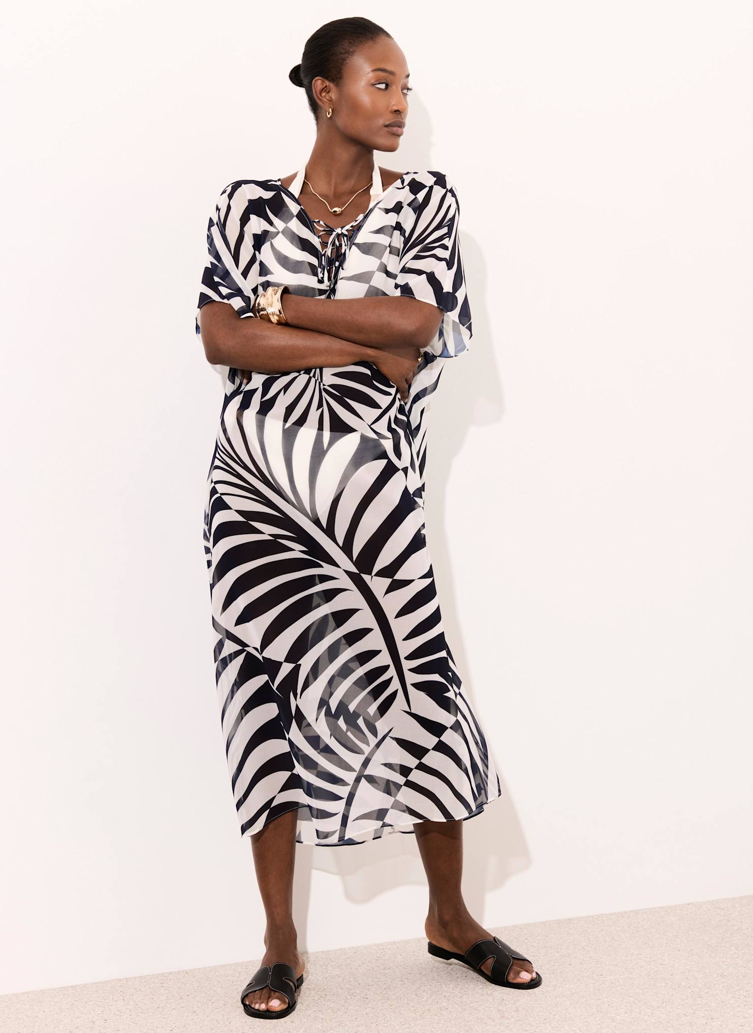 Navy Leaf Print Beach Cover Up