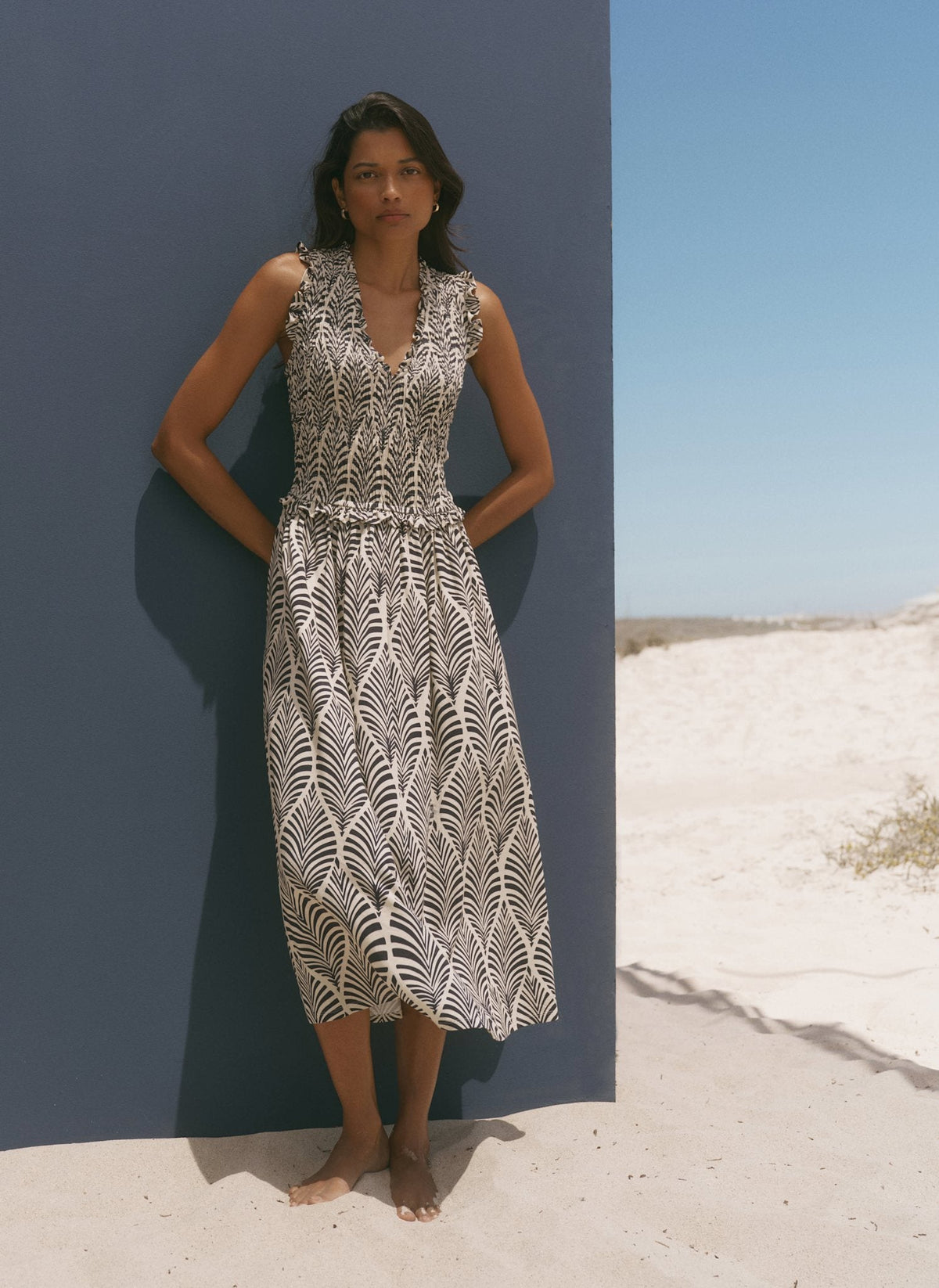 Navy Leaf Print Shirred Midi Dress