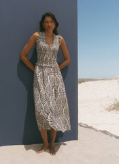 Navy Leaf Print Shirred Midi Dress