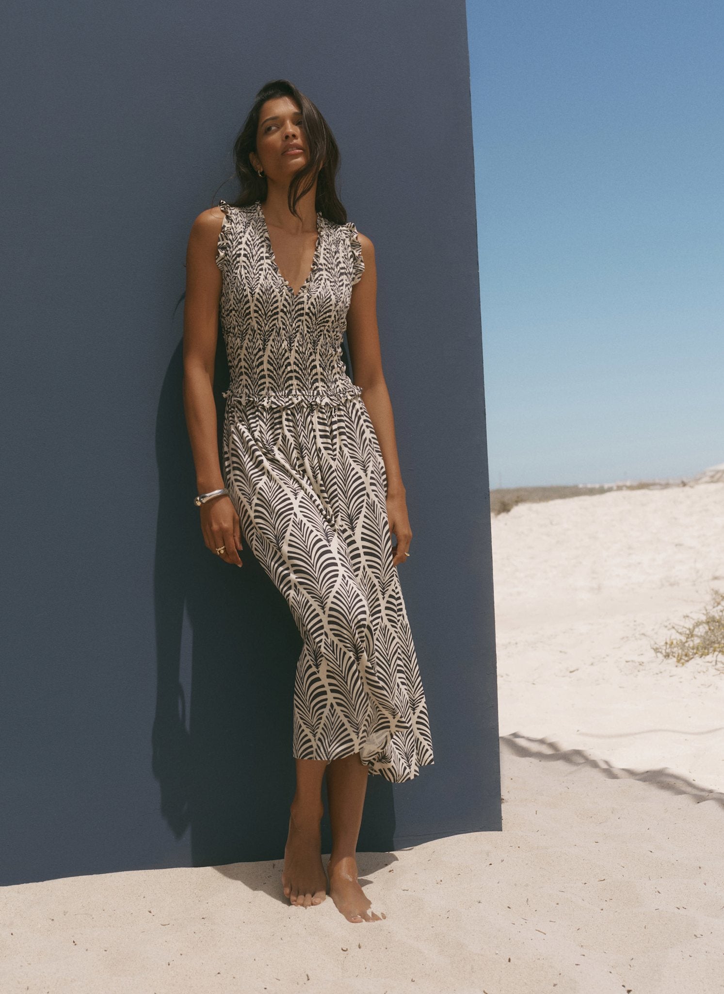Navy Leaf Print Shirred Midi Dress