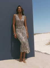 Navy Leaf Print Shirred Midi Dress
