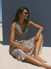 Navy Leaf Print Shirred Midi Dress