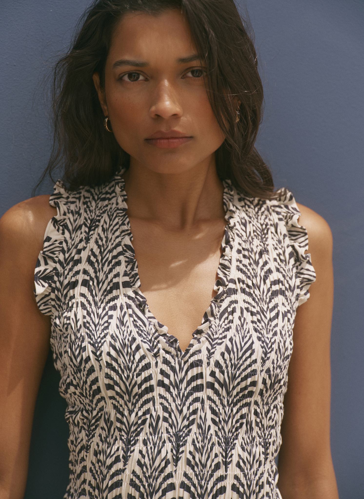 Navy Leaf Print Shirred Midi Dress