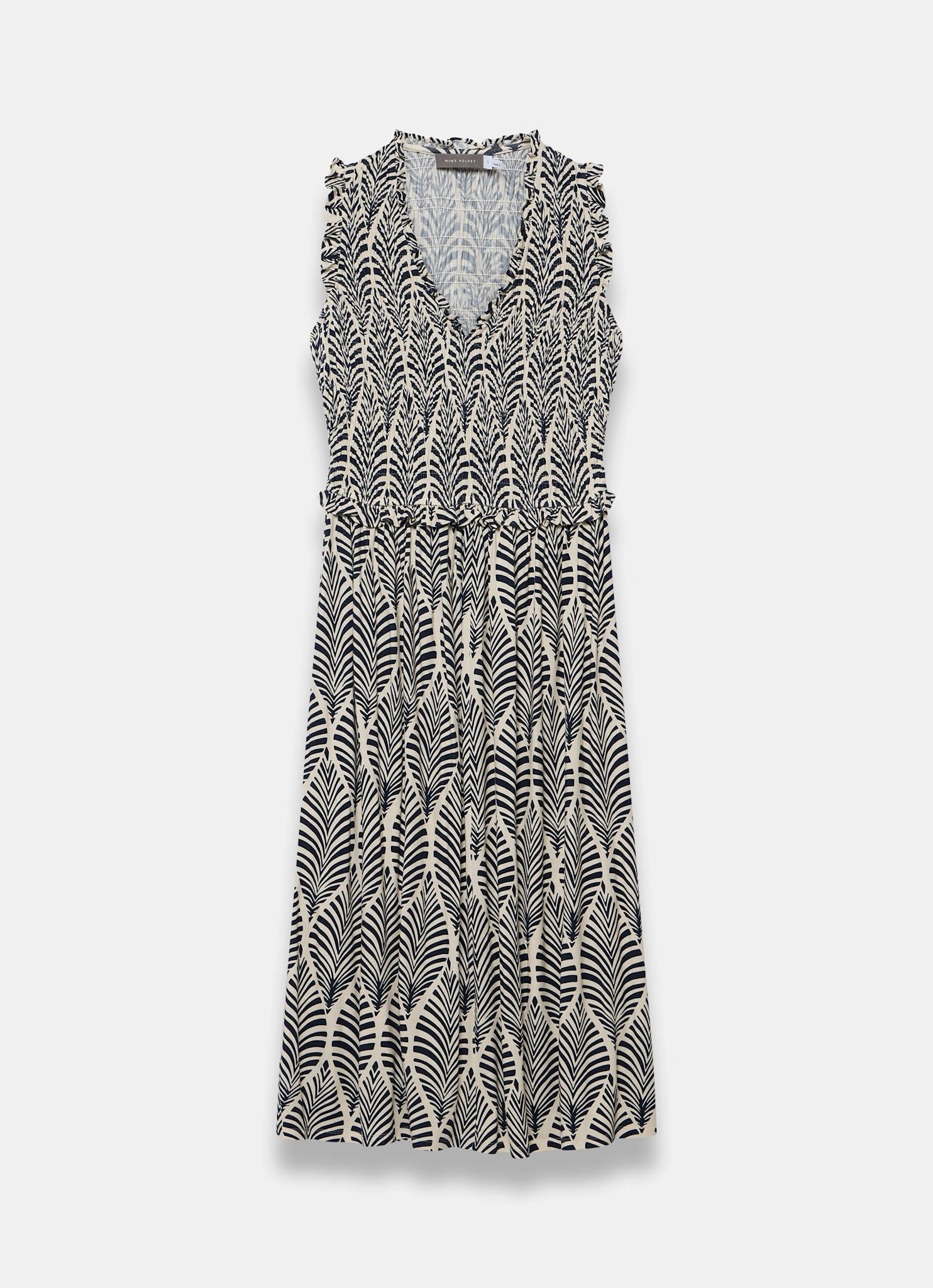 Navy Leaf Print Shirred Midi Dress