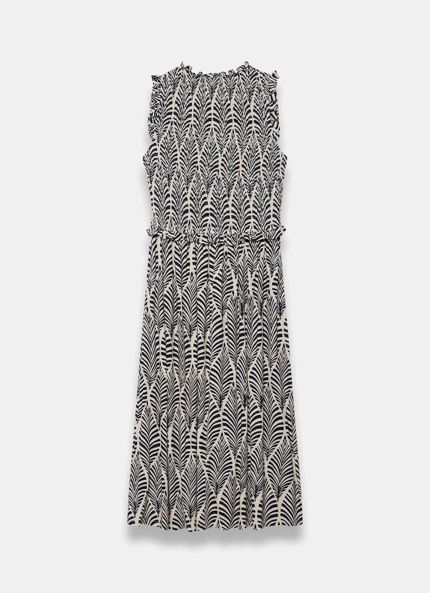 Navy Leaf Print Shirred Midi Dress