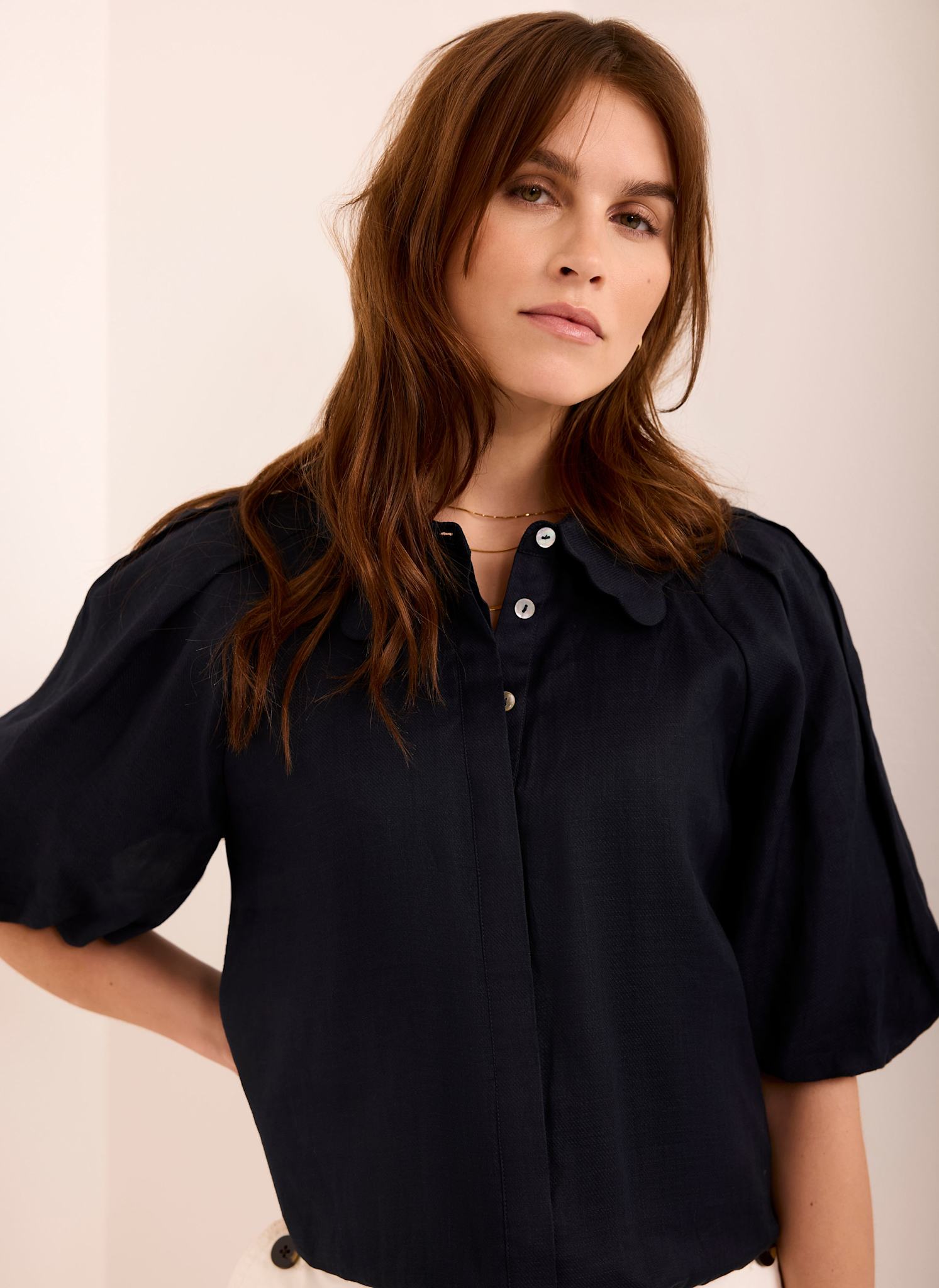 Navy Ramie Scallop Puff Sleeve Shirt