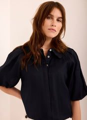 Navy Ramie Scallop Puff Sleeve Shirt