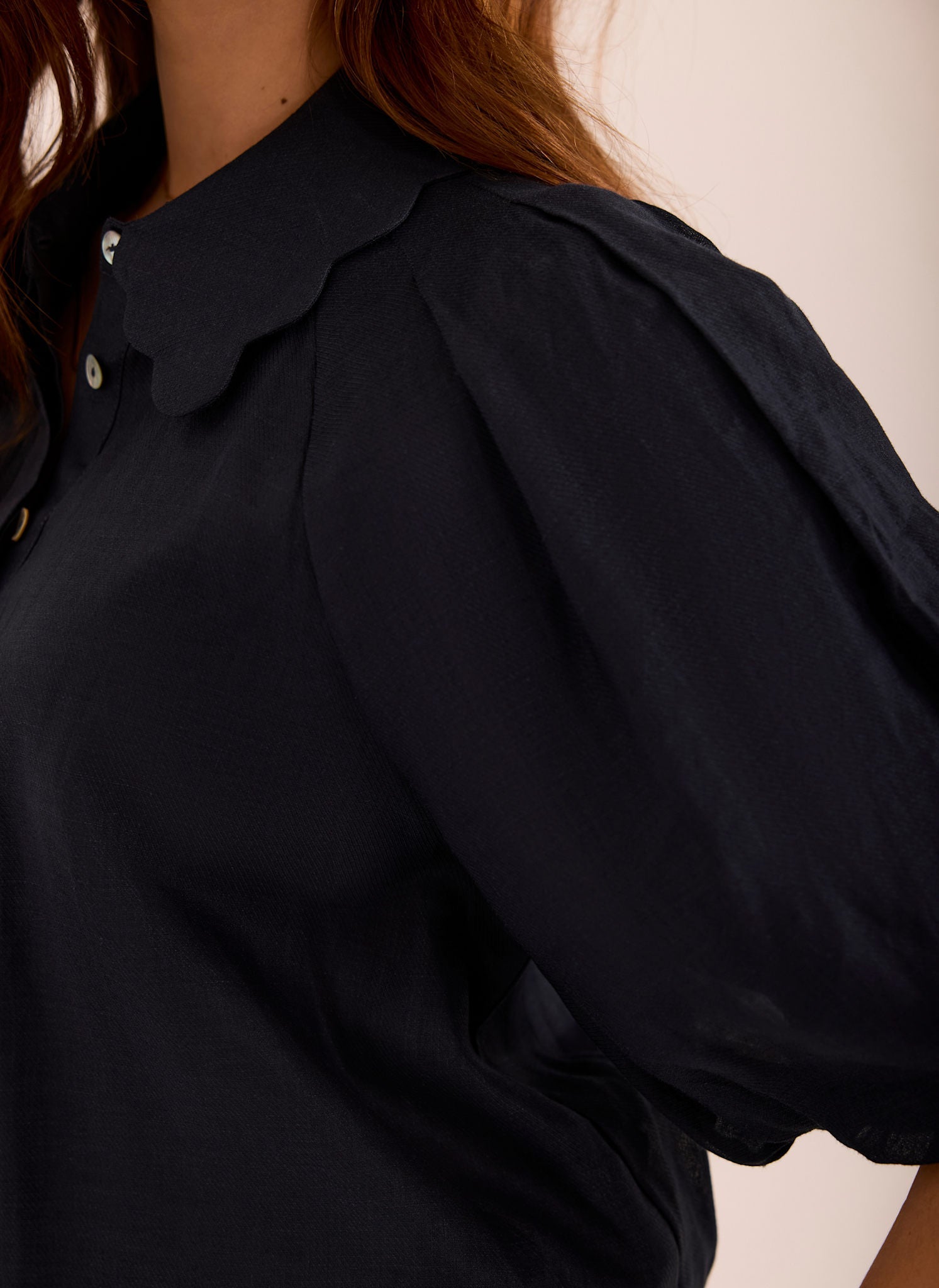 Navy Ramie Scallop Puff Sleeve Shirt