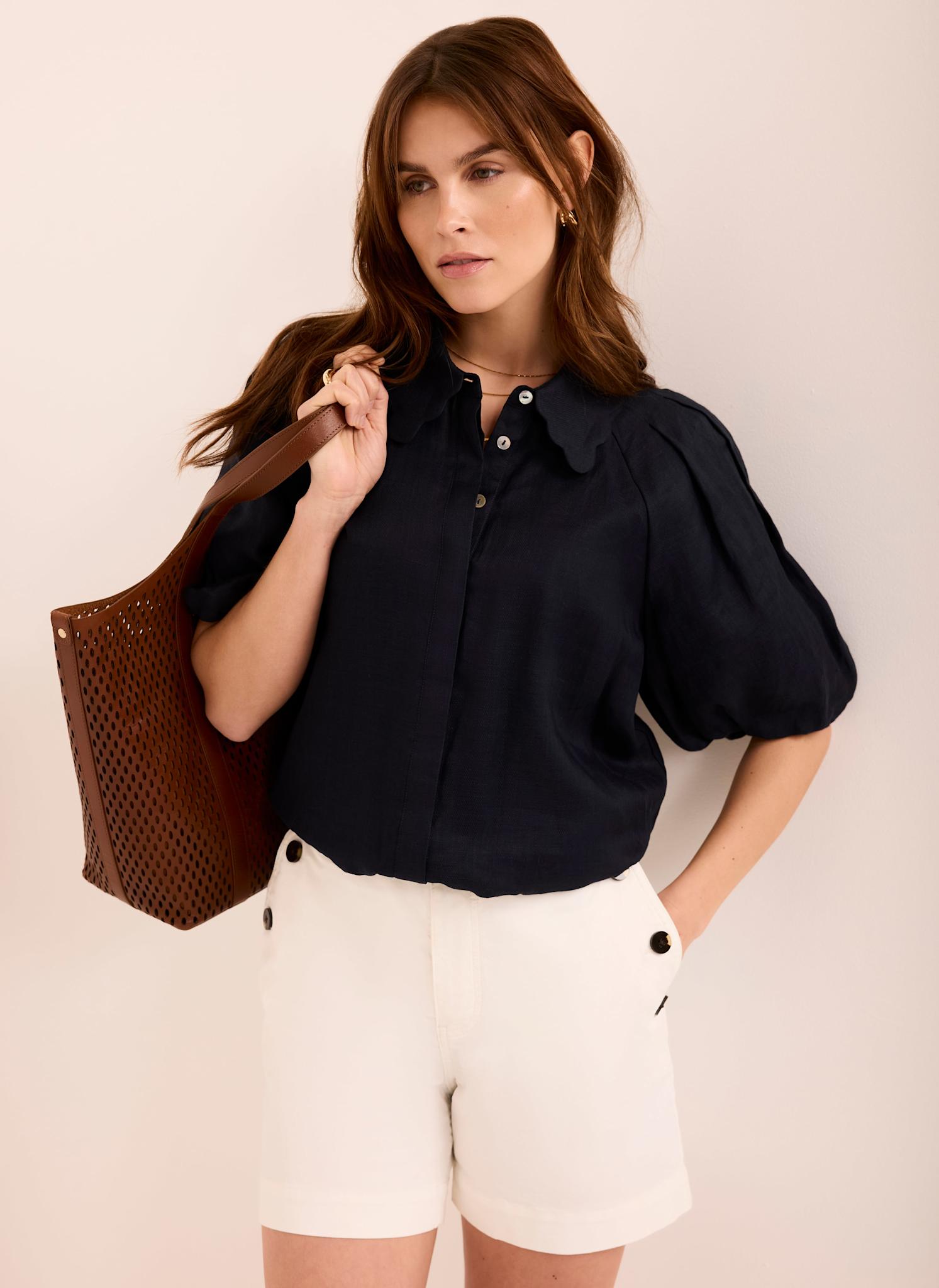 Navy Ramie Scallop Puff Sleeve Shirt