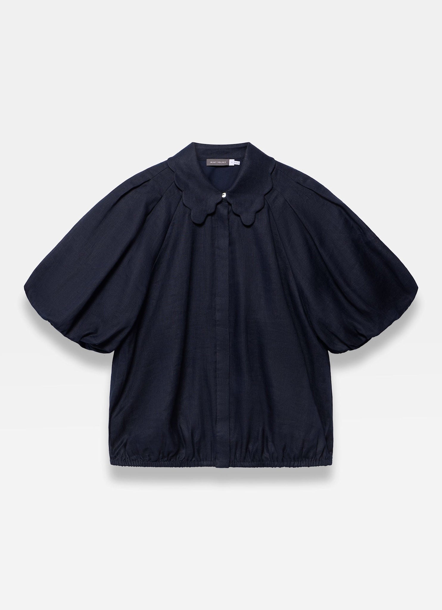 Navy Ramie Scallop Puff Sleeve Shirt