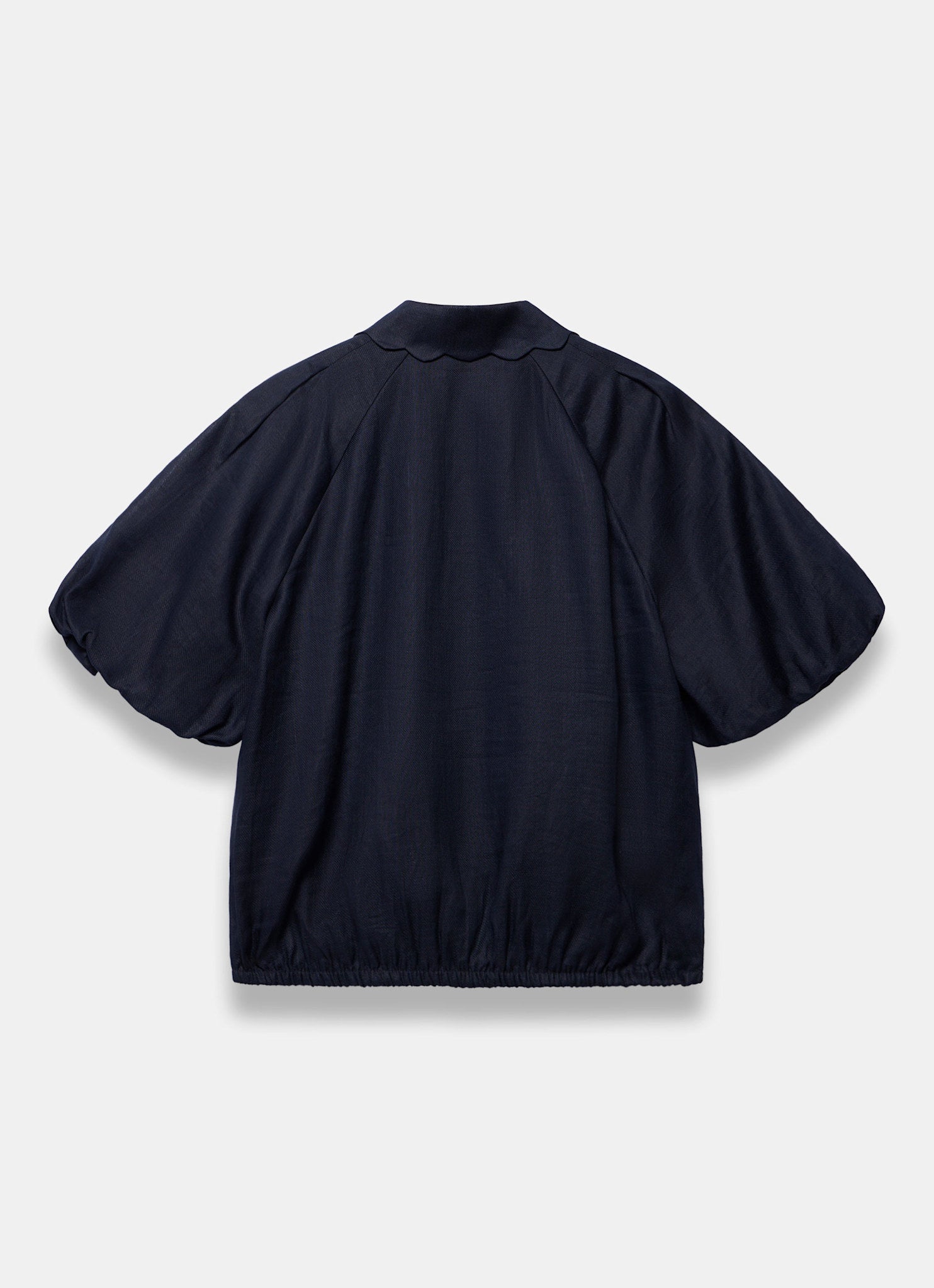 Navy Ramie Scallop Puff Sleeve Shirt