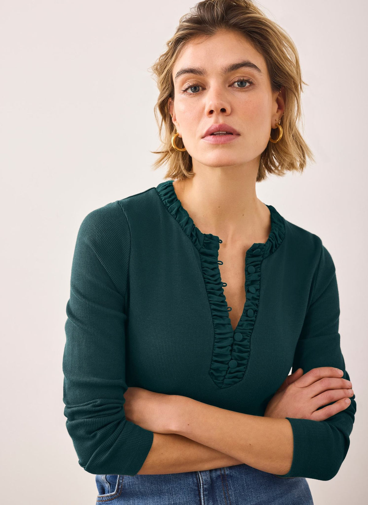 Teal Cotton Blend Ruched Top