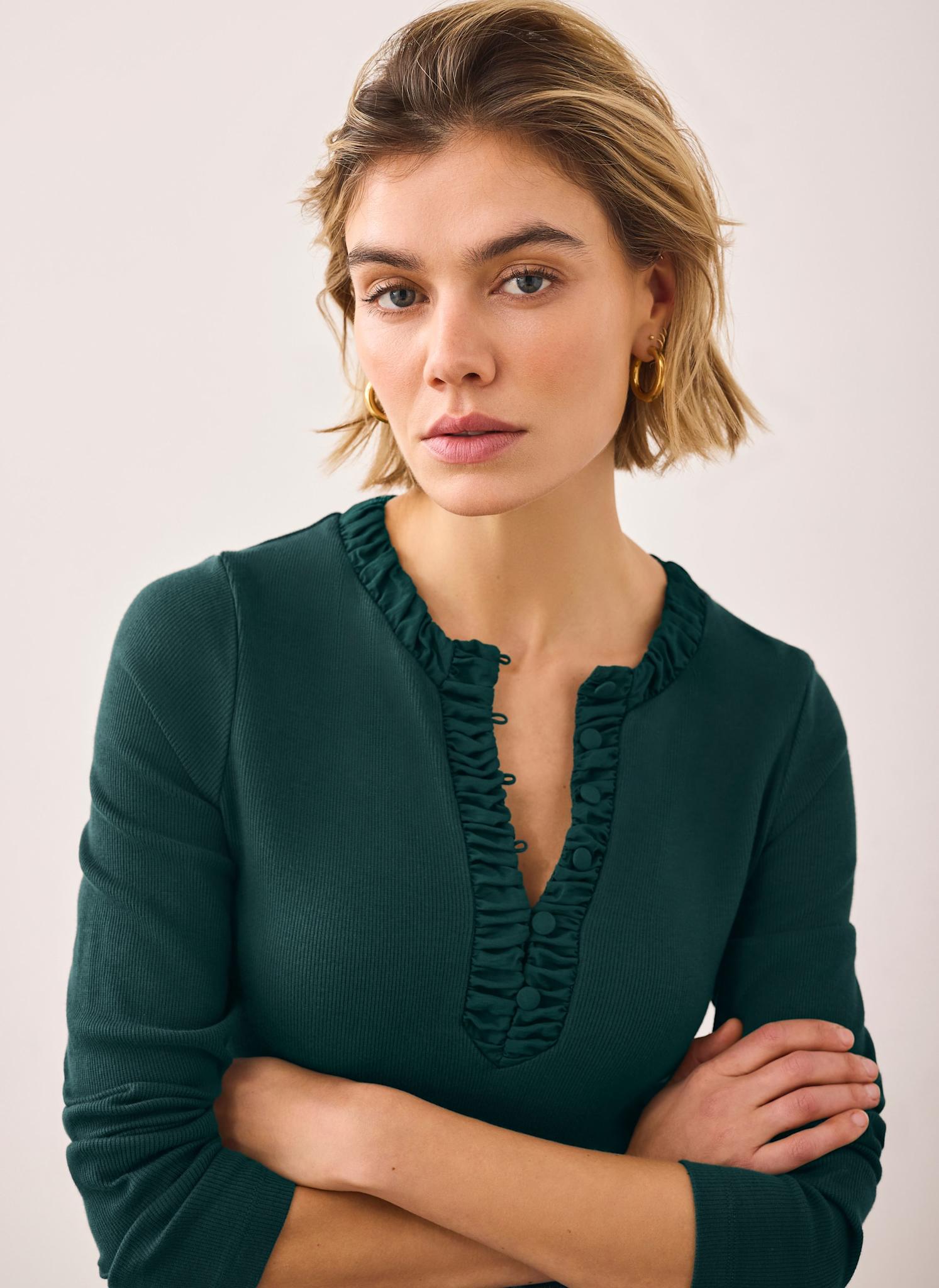Teal Cotton Blend Ruched Top