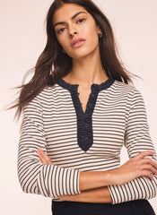 Striped Cotton Blend Ruched Henley Top