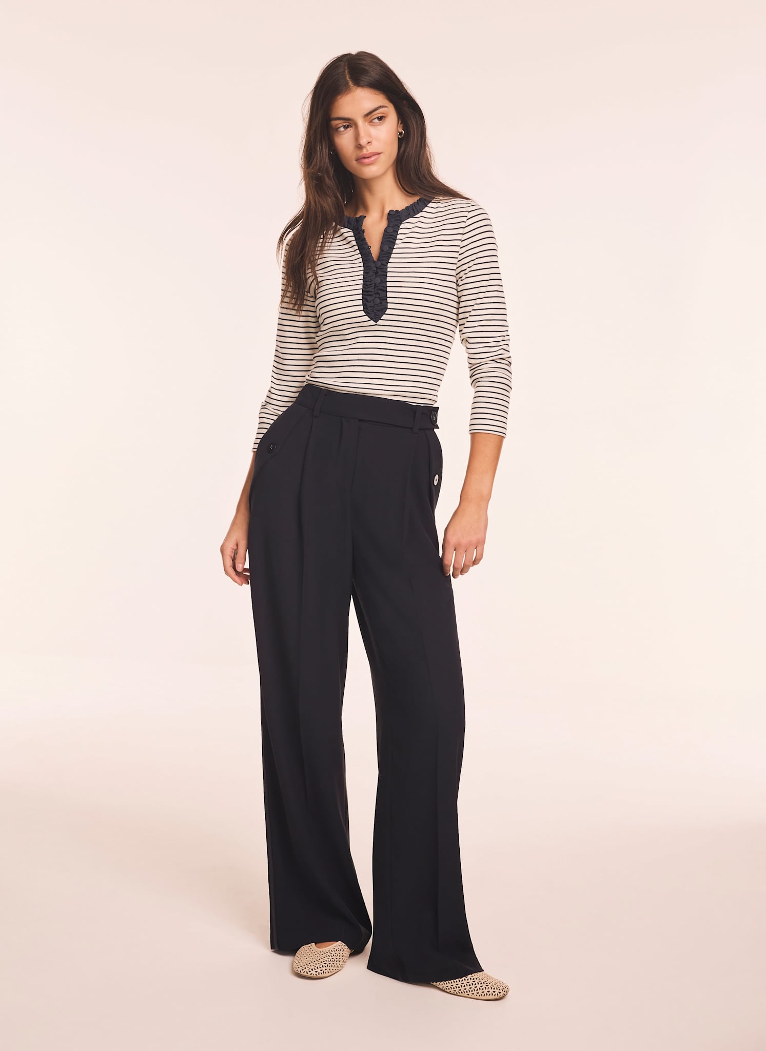Striped Cotton Blend Ruched Henley Top